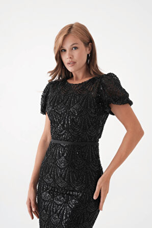 Full Boncuklu Kalem Elbise - SİYAH