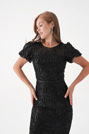 Full Boncuklu Kalem Elbise - SİYAH