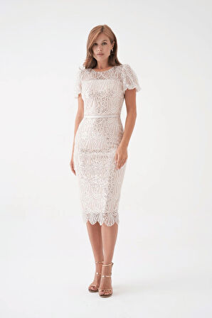 Full Boncuklu Kalem Elbise - BEYAZ