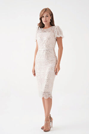 Full Boncuklu Kalem Elbise - BEYAZ