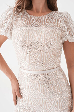 Full Boncuklu Kalem Elbise - BEYAZ