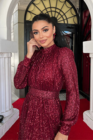 Pul Tül Payet Kumaş Büzgü Detaylı Kiloş Elbise - BORDO