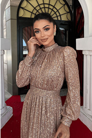 Pul Tül Payet Kumaş Büzgü Detaylı Kiloş Elbise - BRONZ