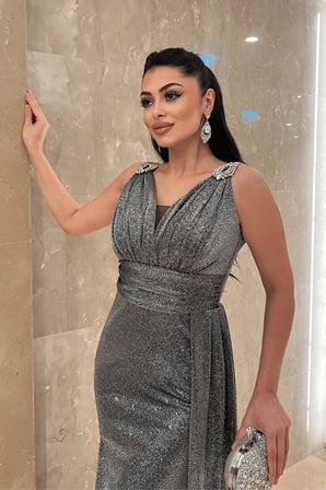 Pırıltılı Kumaş Taş Detaylı Abiye Elbise - GÜMÜŞ-GYM-39844