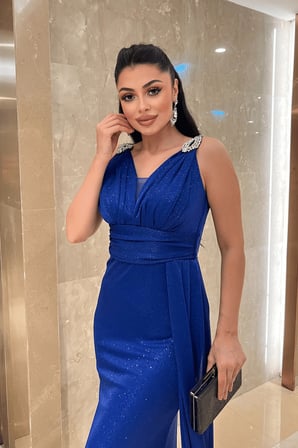 Pırıltılı Kumaş Taş Detaylı Abiye Elbise - SAKS MAVİ-GYM-39844