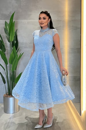 Dantel Payet Kumaş Midi Elbise - BEBE MAVİSİ-GYM-169