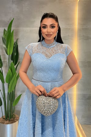 Dantel Payet Kumaş Midi Elbise - BEBE MAVİSİ-GYM-169