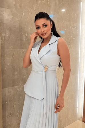 Krep Kumaş Plise Detaylı Elbise - BEBE MAVİSİ-GYM-3048
