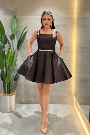 Saten Kumaş Sırtı İpli Mini Elbise - KOYU KAHVE-GYM-198