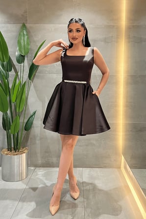 Saten Kumaş Sırtı İpli Mini Elbise - KOYU KAHVE-GYM-198