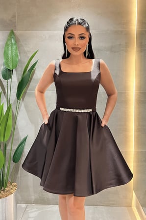 Saten Kumaş Sırtı İpli Mini Elbise - KOYU KAHVE-GYM-198
