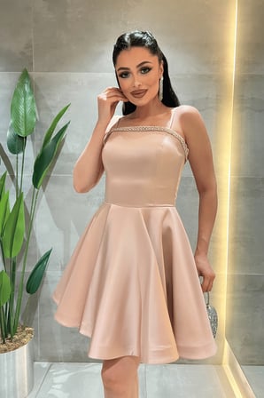 Saten Kumaş Taş Detaylı Mini Elbise - KREM-GYM-191