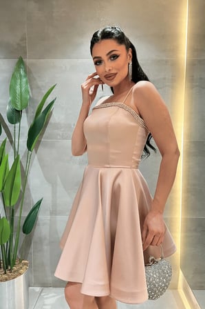 Saten Kumaş Taş Detaylı Mini Elbise - KREM-GYM-191