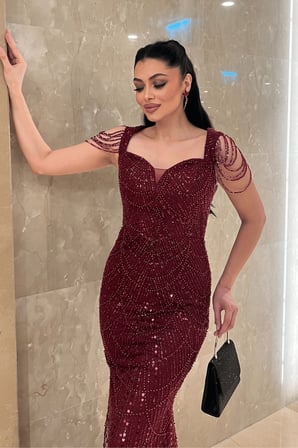 Ful Boncuklu Kumaş Omuz Detaylı Abiye Elbise - BORDO-GYM-41152