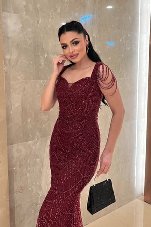 Ful Boncuklu Kumaş Omuz Detaylı Abiye Elbise - BORDO-GYM-41152