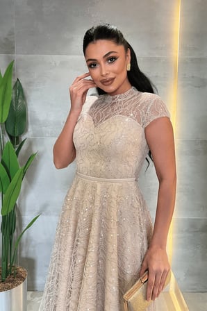 Dantel Payet Kumaş Midi Elbise - BEJ-GYM-169