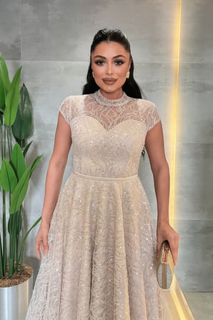 Dantel Payet Kumaş Midi Elbise - BEJ-GYM-169