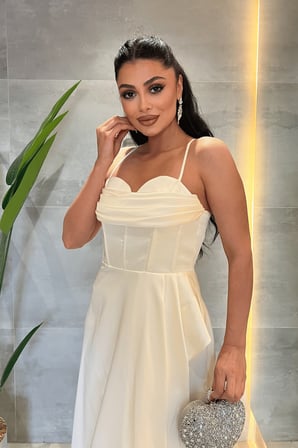 Saten Kumaş Degaje Yaka Midi Elbise - KREM-GYM-577