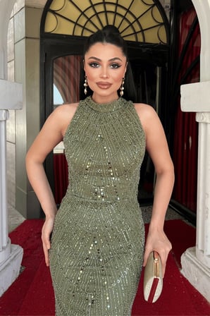 Ful Boncuklu Kumaş Boyundan Bağlamalı Abiye Elbise - HAKİ YEŞİLİ-GYM-41091