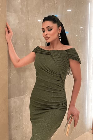 Simli Kumaş Tasarım Drape Detaylı Abiye Elbise - HAKİ YEŞİLİ-GYM-41207