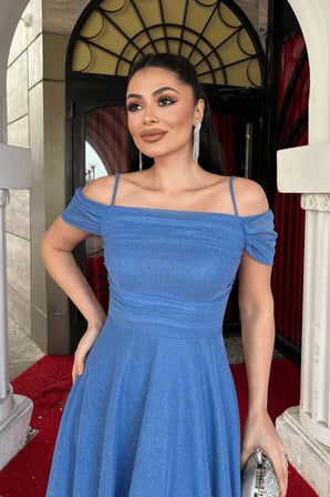 Simli Tül Kumaş Midi Boy Büyük Beden Elbise - İNDİGO-GYM-41151