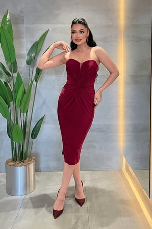 Jarse Kumaş Düğüm Straplez Detaylı Kalem Elbise - BORDO-GYM-210
