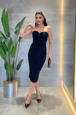 Jarse Kumaş Düğüm Straplez Detaylı Kalem Elbise - LACİVERT-GYM-210