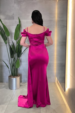 Saten Kumaş Büzgülü Şal Detaylı Abiye Elbise - FUŞYA-GYM-39961
