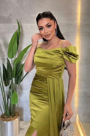 Saten Kumaş Büzgülü Şal Detaylı Abiye Elbise - Fıstık Yeşili-GYM-39961