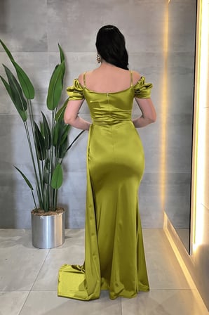 Saten Kumaş Büzgülü Şal Detaylı Abiye Elbise - Fıstık Yeşili-GYM-39961