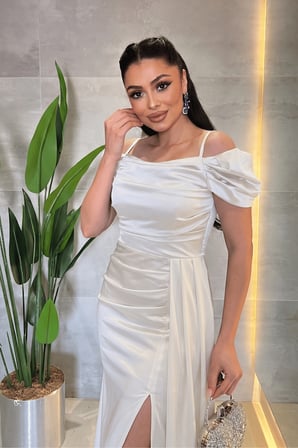 Saten Kumaş Büzgülü Şal Detaylı Abiye Elbise - BEYAZ-GYM-39961