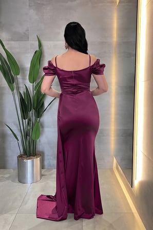 Saten Kumaş Büzgülü Şal Detaylı Abiye Elbise - MÜRDÜM-GYM-39961