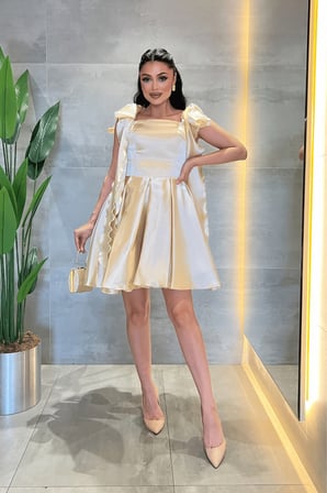 Organze Saten Kumaş Prenses Mini Elbise - BEJ-GYM-1-203