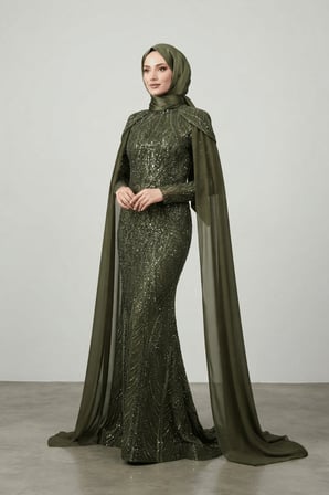 Full Boncuklu Kumaş Kolları Sifon Detaylı Tesettür  Elbise - HAKİ YEŞİLİ-GYM-41238