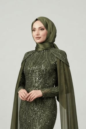 Full Boncuklu Kumaş Kolları Sifon Detaylı Tesettür  Elbise - HAKİ YEŞİLİ-GYM-41238