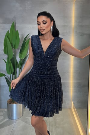 Taşlı Tül Kumaş Drape Detaylı Mini Elbise - LACİVERT-GYM-227