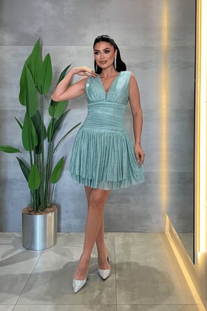 Taşlı Tül Kumaş Drape Detaylı Mini Elbise - MİNT YEŞİLİ-GYM-227
