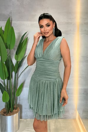 Taşlı Tül Kumaş Drape Detaylı Mini Elbise - MİNT YEŞİLİ-GYM-227