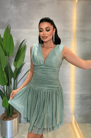 Taşlı Tül Kumaş Drape Detaylı Mini Elbise - MİNT YEŞİLİ-GYM-227