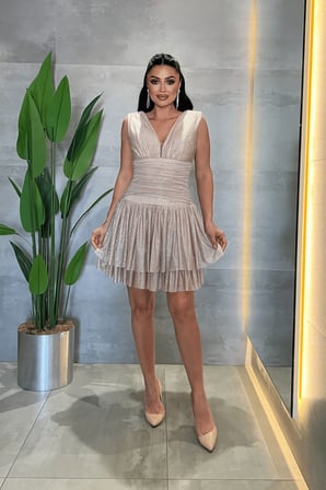 Taşlı Tül Kumaş Drape Detaylı Mini Elbise - BEJ-GYM-227-GYM-227