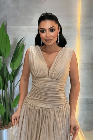 Taşlı Tül Kumaş Drape Detaylı Mini Elbise - BEJ-GYM-227-GYM-227