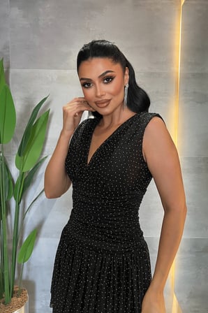 Taşlı Tül Kumaş Drape Detaylı Mini Elbise - SİYAH-GYM-227