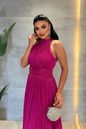 Şifon Kumaş Bel Korseli Abiye Elbise - FUŞYA-GYM-6882