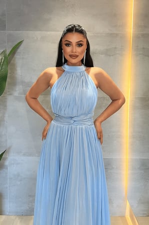 Şifon Kumaş Bel Korseli Abiye Elbise - BEBE MAVİSİ-GYM-6882