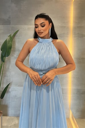 Şifon Kumaş Bel Korseli Abiye Elbise - BEBE MAVİSİ-GYM-6882