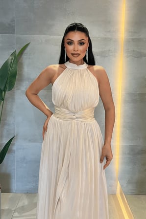 Şifon Kumaş Bel Korseli Abiye Elbise - BEJ-GYM-6882