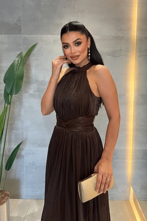 Şifon Kumaş Bel Korseli Abiye Elbise - KAHVERENGİ-GYM-6882
