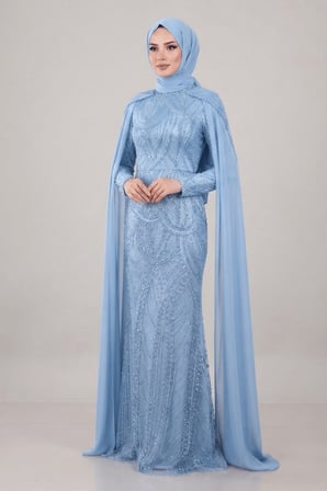 Full Boncuklu Kumaş Kolları Sifon Detaylı Tesettür  Elbise - BEBE MAVİSİ-GYM-41238