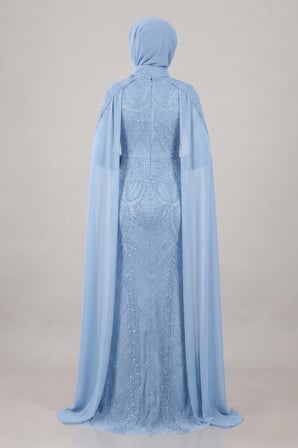 Full Boncuklu Kumaş Kolları Sifon Detaylı Tesettür  Elbise - BEBE MAVİSİ-GYM-41238