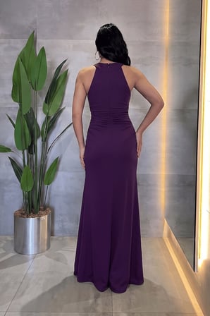 Kristal Kumaş Boyundan Bağlamalı Abiye Elbise - PATLICAN MOR-GYM-7000